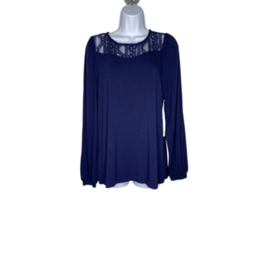 Halogen Womens Blouse Blue Long Balloon Sleeve Keyhole Neck Lace 1 New